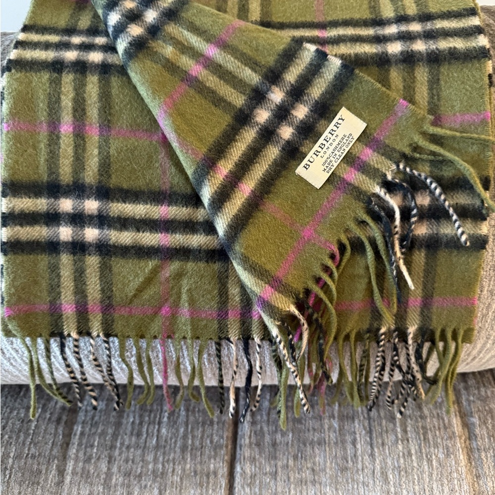Burberry Nova check Olive and Pink Cashmere Scarf
